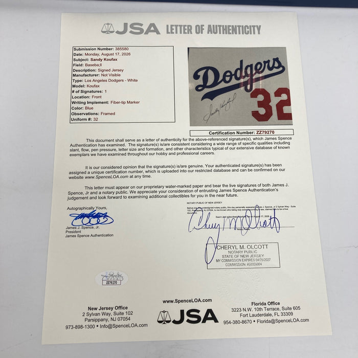 Sandy Koufax Signed Los Angeles Dodgers Jersey Patch Framed Display JSA COA