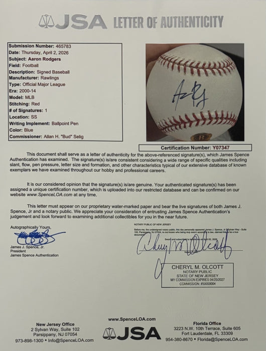 Aaron Rodgers Signed Official Major League Baseball Beckett COA