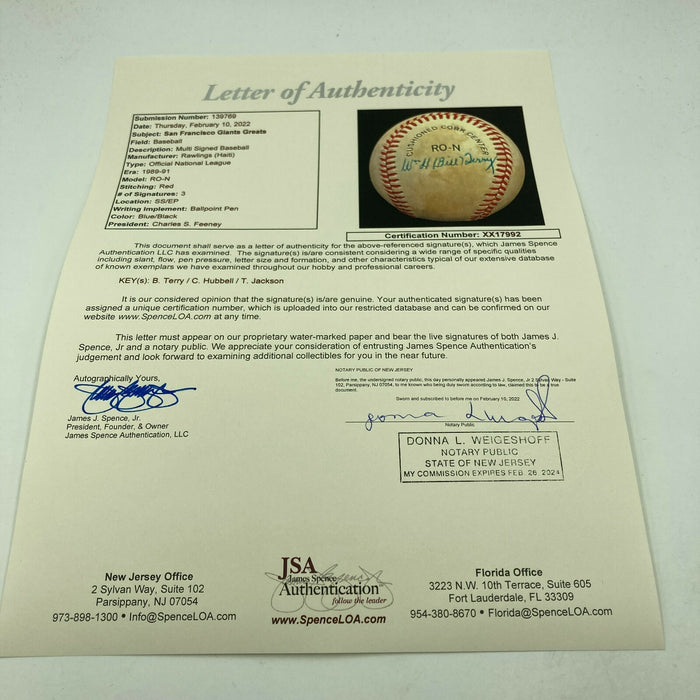 Travis Jackson Carl Hubbell Bill Terry New York Giants HOF Signed Baseball JSA