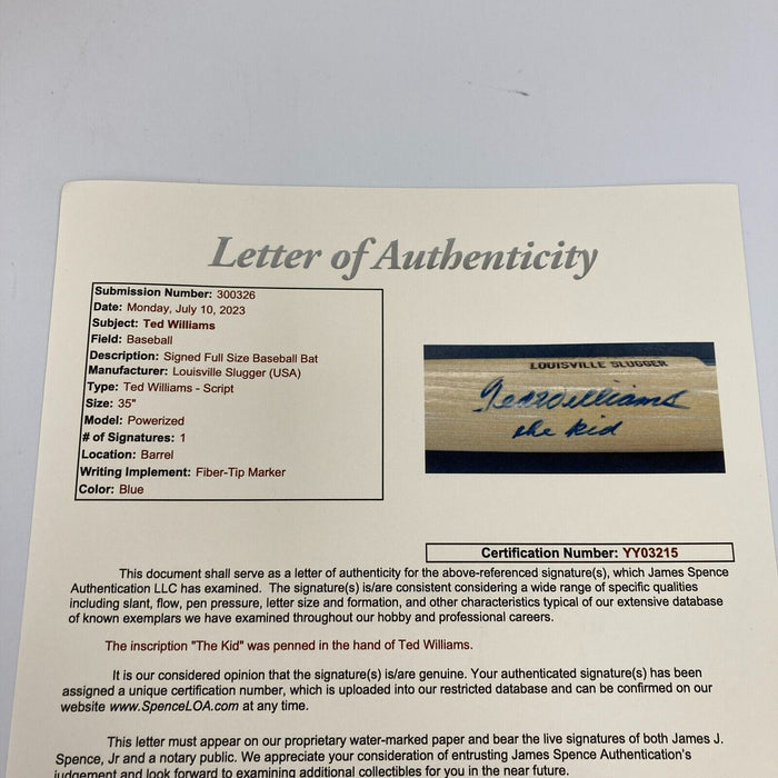 Beautiful Ted Williams "The Kid" Signed Inscribed Game Model Bat With JSA COA