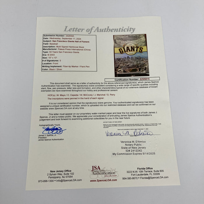 Willie Mays Willie McCovey Juan Marichal Orlando Cepeda Signed Giants Book JSA