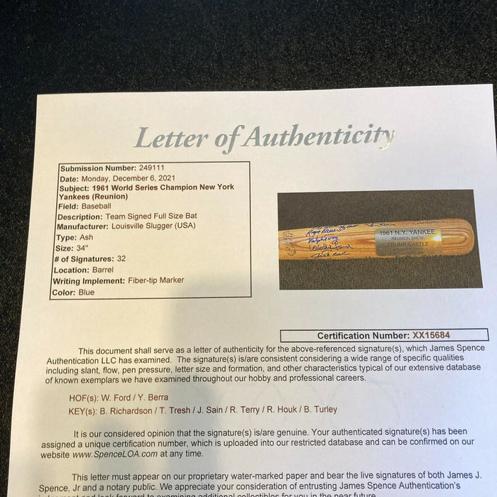 1961 New York Yankees World Series Champs Team Signed Baseball Bat With JSA COA