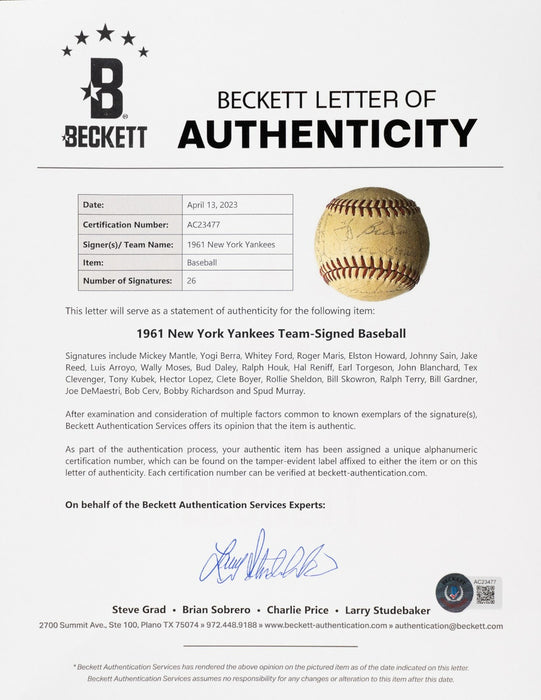 1961 New York Yankees W.S. Champs Team Signed Baseball Mickey Mantle Maris BAS