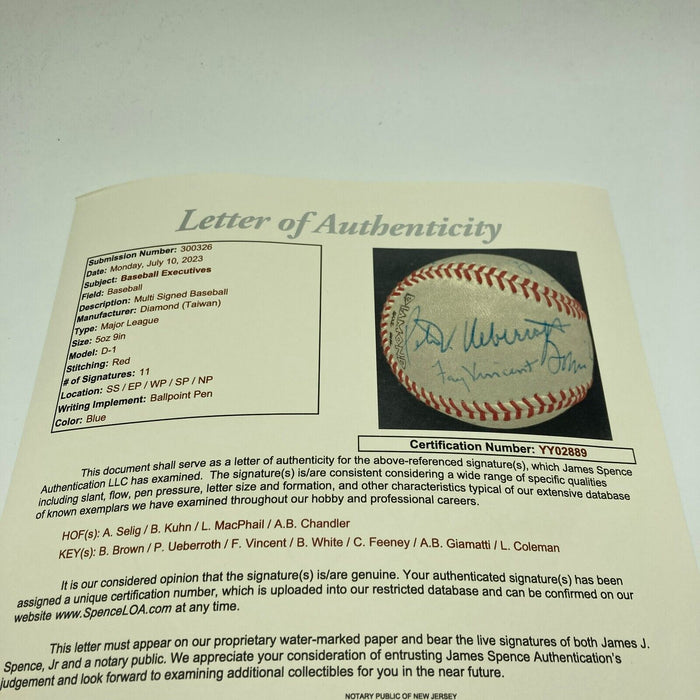 The Finest Baseball Commissioners Signed Baseball 11 Signatures JSA COA