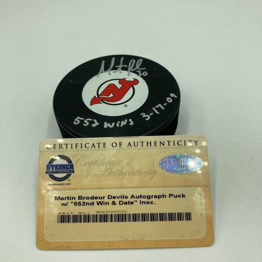 Martin Brodeur 552nd Win 3-17-2009 Signed NJ Devils Hockey Puck Steiner COA