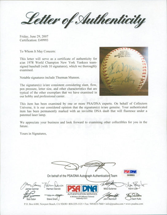 1978 New York Yankees World Series Champs Team Signed Baseball With Munson PSA