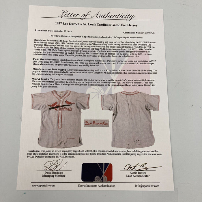 Leo Durocher Game Used Photo-Matched 1937 St. Louis Cardinals Jersey With COA