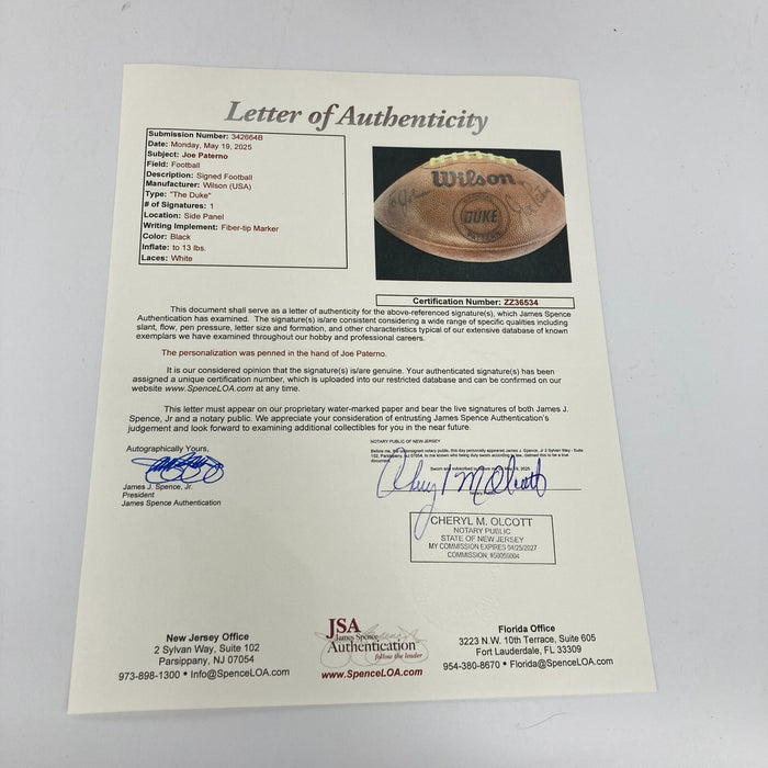 Joe Paterno Signed Wilson The Duke Game Football JSA COA