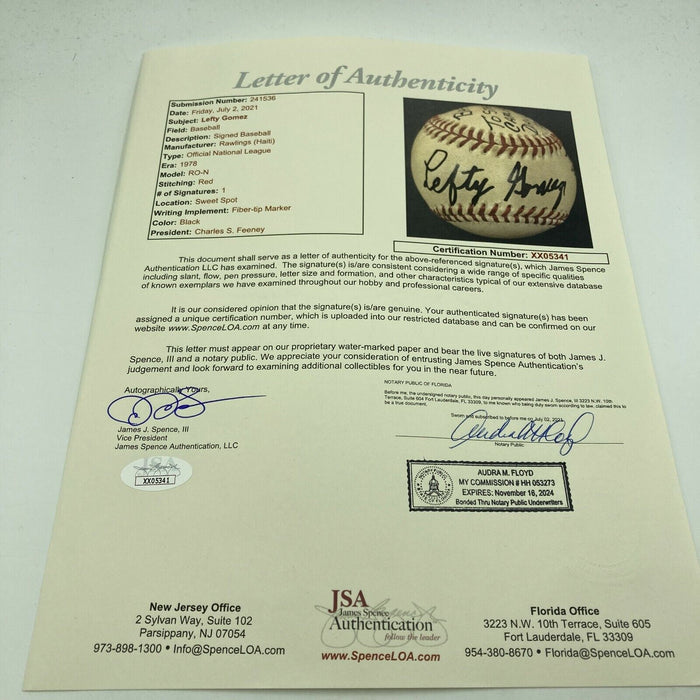 Lefty Gomez Signed First Pitch Thrown Game Used Baseball Carl Hubbell Day JSA