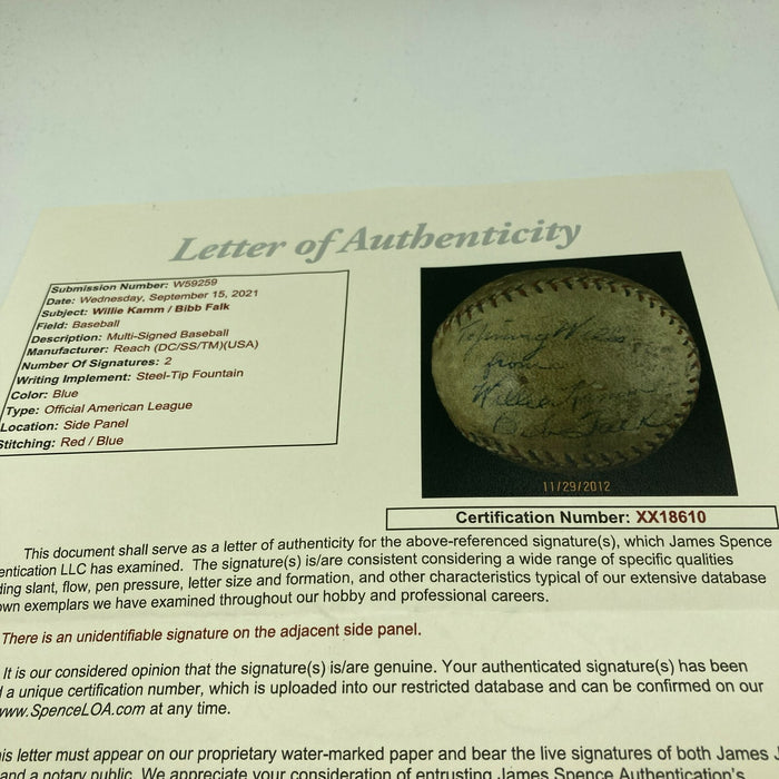 Bibb Falk & Willie Kamm Signed 1923 American League Game Used Baseball JSA COA