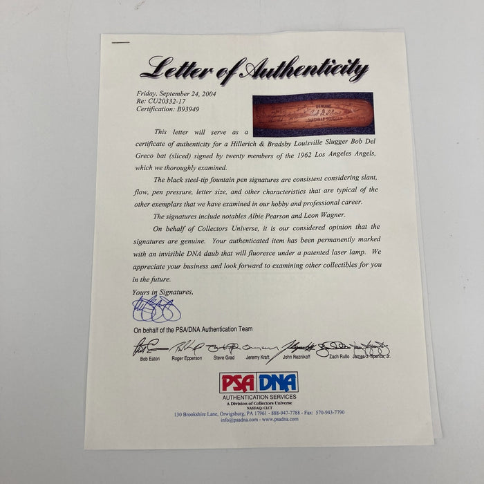 1962 Los Angeles Angels Team Signed Bobby Del Greco Game Used Bat PSA DNA COA