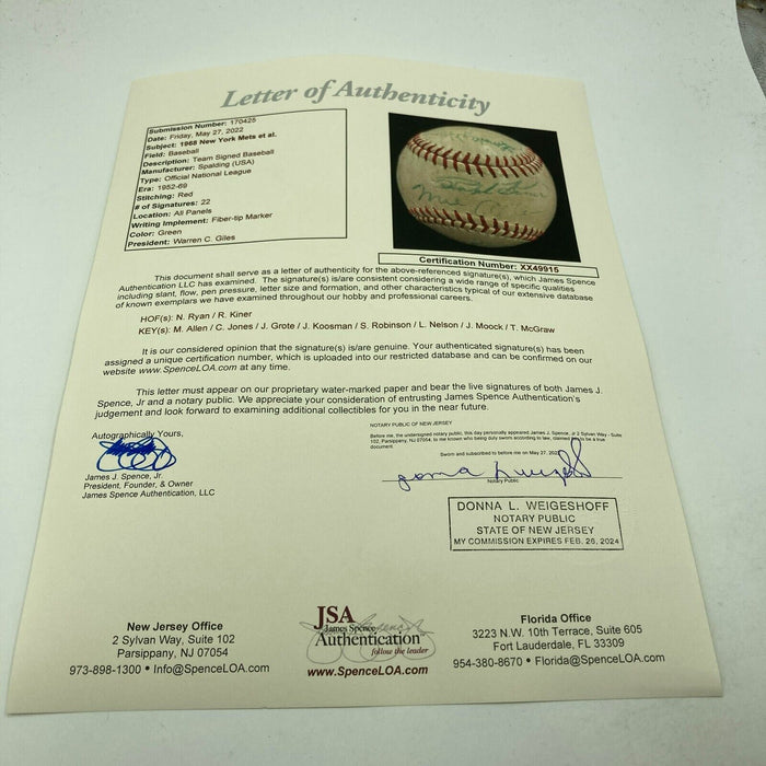 1968 New York Mets Team Signed National League Baseball Nolan Ryan JSA COA