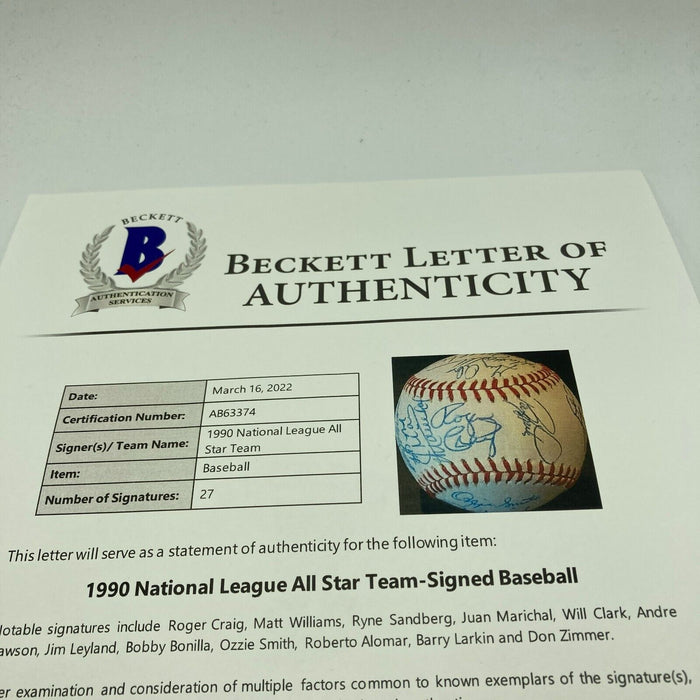 1990 All Star Game Team Signed Baseball Ozzie Smith Ryne Sandberg Beckett COA