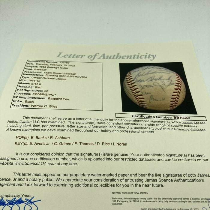 1960 Chicago Cubs Team Signed National League Baseball Ernie Banks With JSA COA