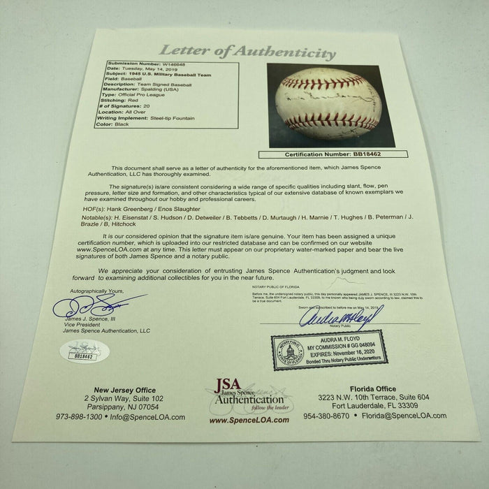 Hank Greenberg 1945 World War 2 Army Team Signed Baseball JSA WWII With JSA COA