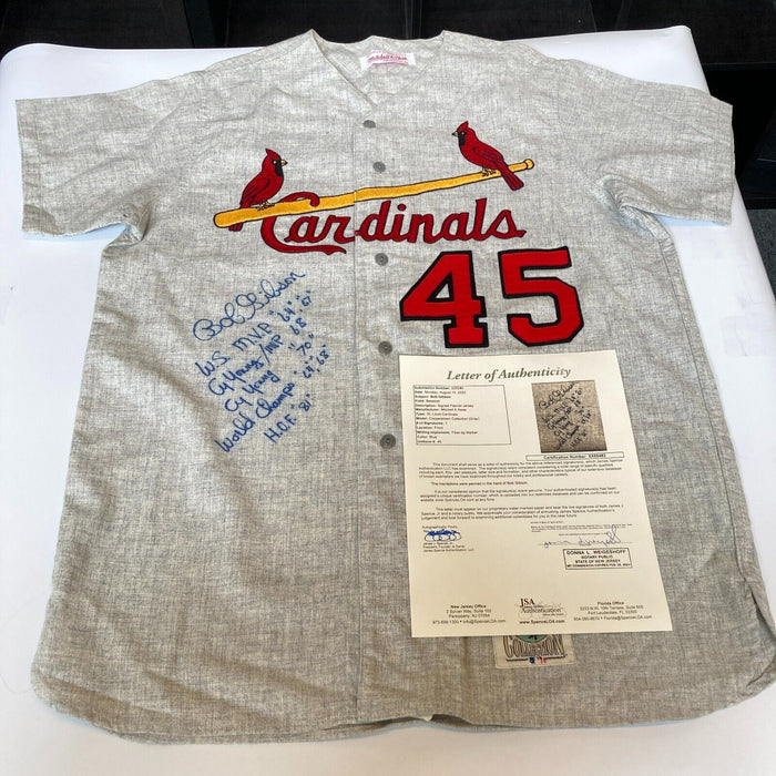 MINT Bob Gibson Signed Heavily Inscribed St. Louis Cardinals STAT Jersey JSA COA