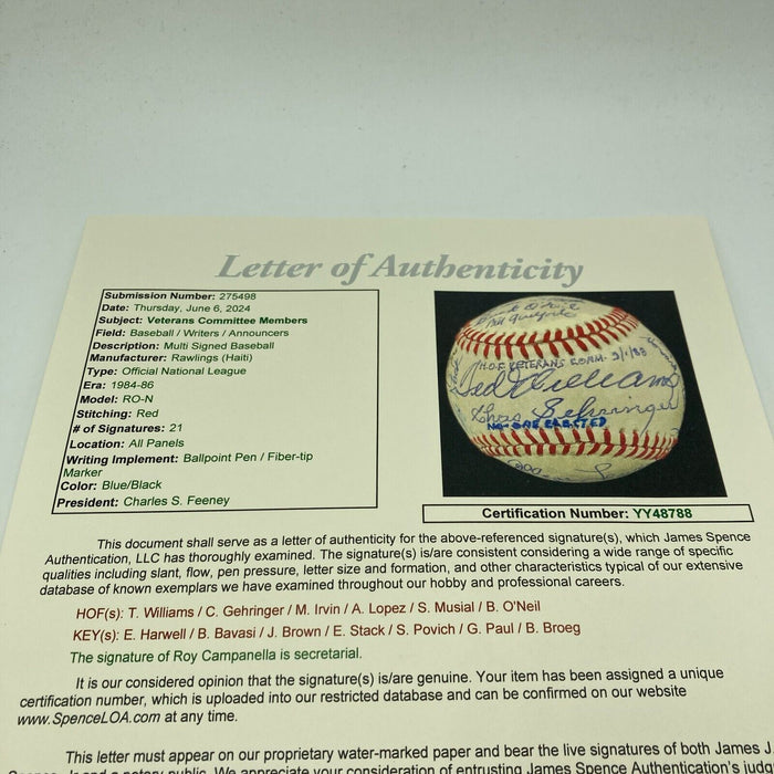 Hall Of Fame Veterans Committee Signed Baseball Ted Williams Stan Musial JSA