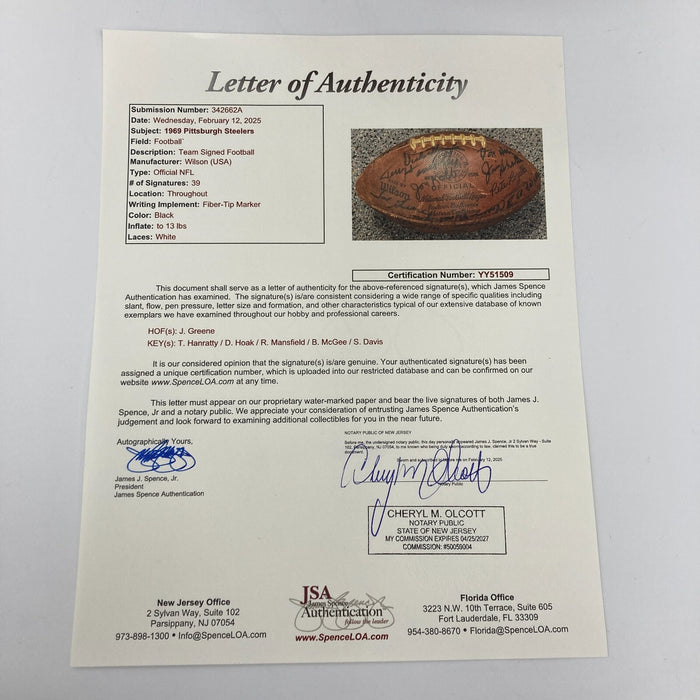 1969 Pittsburgh Steelers Team Signed Wilson NFL Game Football JSA COA