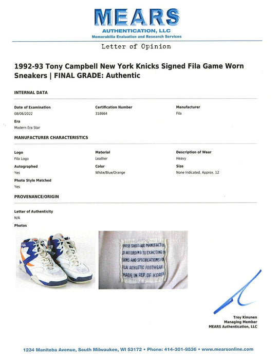 1992-93 Tony Campbell Game-Used Signed Fila Sneakers NY Knicks JSA & MEARS COA