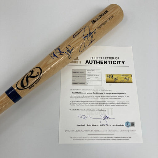 Joe Mauer, Torii Hunter, Paul Molitor Twins Signed Baseball Bat Beckett COA