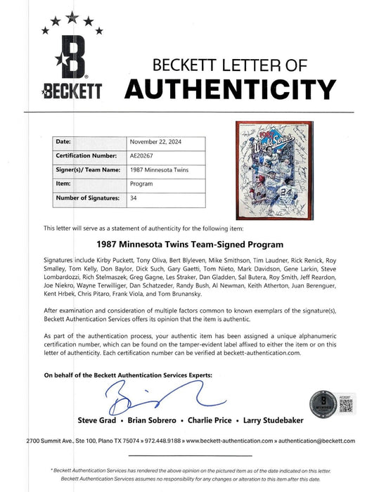 1987 Minnesota Twins World Series Champs Team Signed W.S. Program Beckett COA