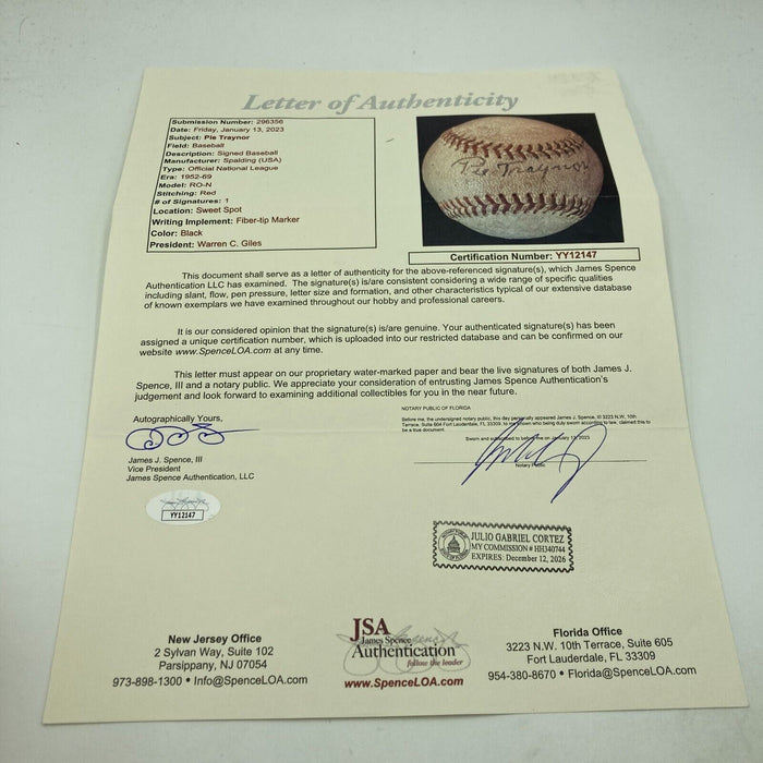 Pie Traynor Single Signed Official National League Baseball JSA COA