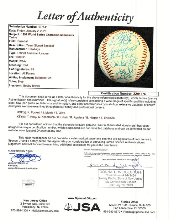 Beautiful 1991 Minnesota Twins World Series Champs Team Signed Baseball JSA COA