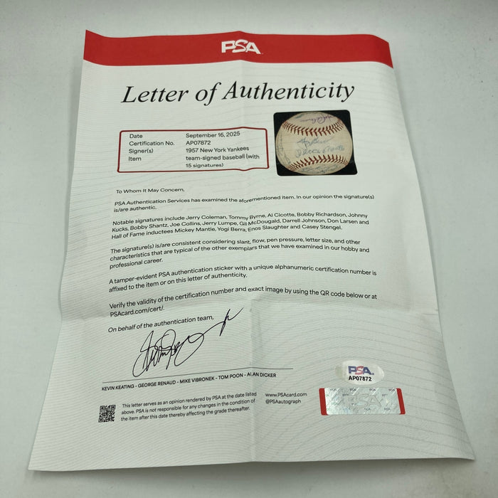 1957 New York Yankees AL Champs Team Signed Baseball Mickey Mantle PSA DNA COA