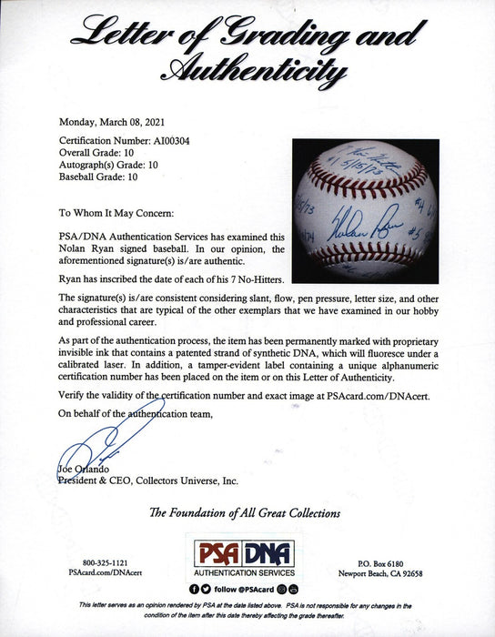 Nolan Ryan 7 No Hitters Signed Inscribed STAT Baseball PSA DNA 10 GEM MINT