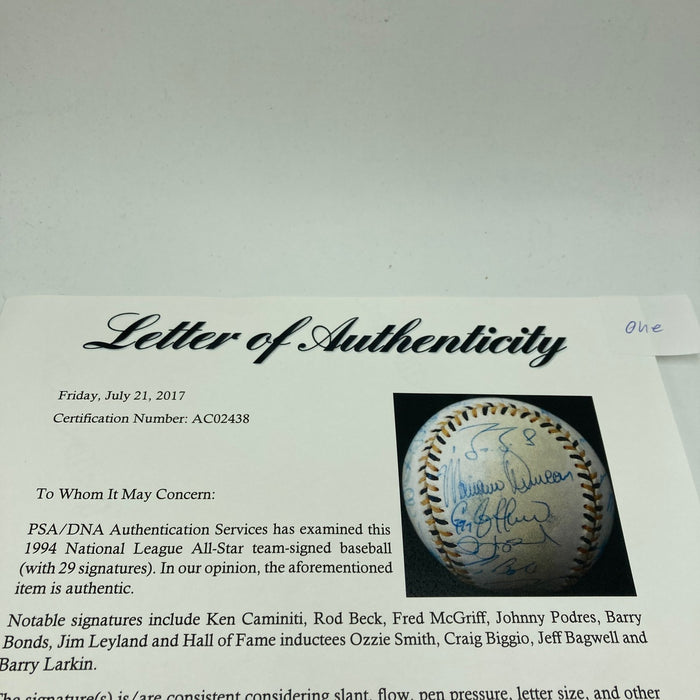 1994 All Star Game National League Team Signed Baseball Barry Bonds PSA DNA COA