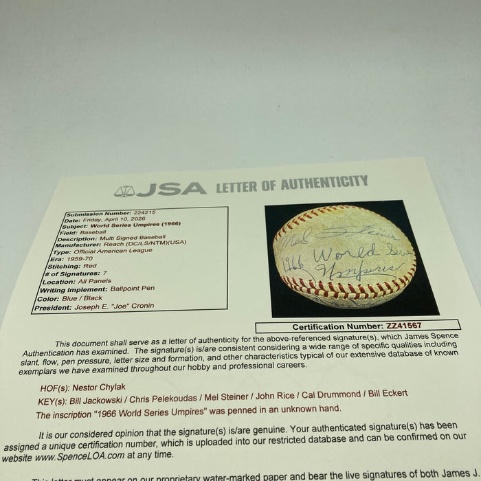 1966 World Series Game Used Baseball Signed By Umpires Orioles VS Dodgers JSA