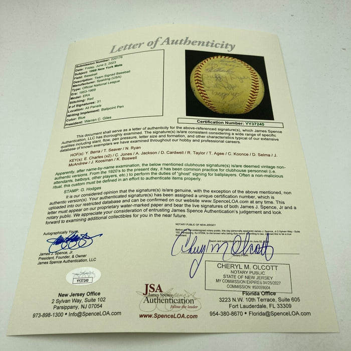1968 New York Mets Team Signed NL Giles Baseball Nolan Ryan & Tom Seaver JSA COA