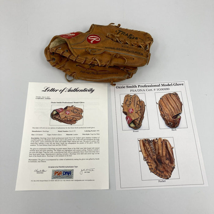 1991 Ozzie Smith Signed Game Used Rawlings Baseball Glove PSA DNA COA