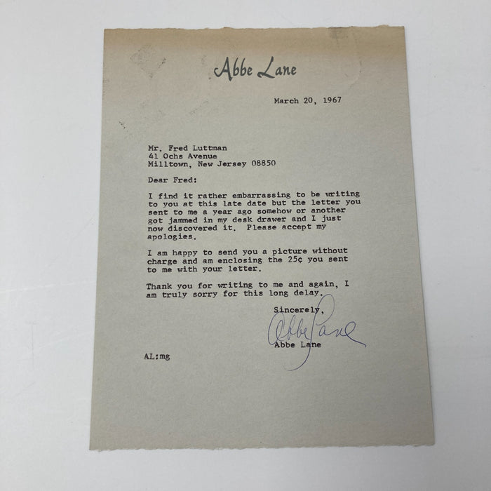 Abbe Lane Signed Vintage Autographed 8x10 Photo JSA COA