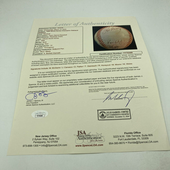 1989 Oakland A's Athletics World Series Champs Team Signed Baseball JSA COA