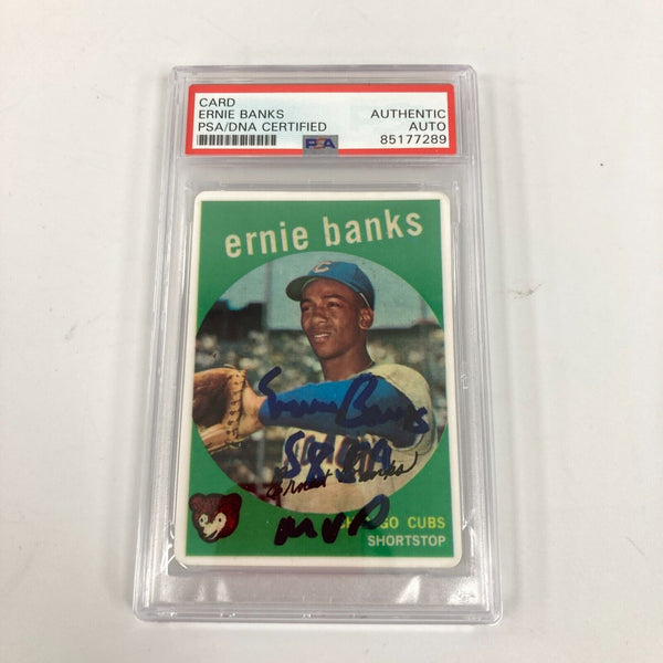 1959 Topps Ernie Banks "1958 & 1959 MVP" Signed Porcelain Baseball Card PSA DNA