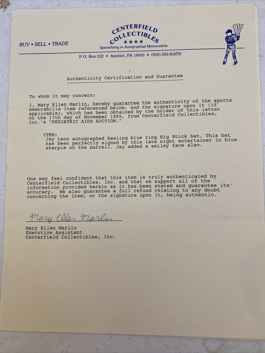 Jay Leno Signed Autographed Rawlings Personal Model Baseball Bat With JSA COA