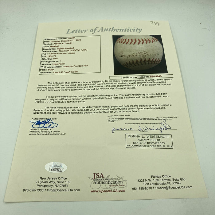 Rare Joe Cronin Single Signed 1959 American League Prototype Baseball JSA COA