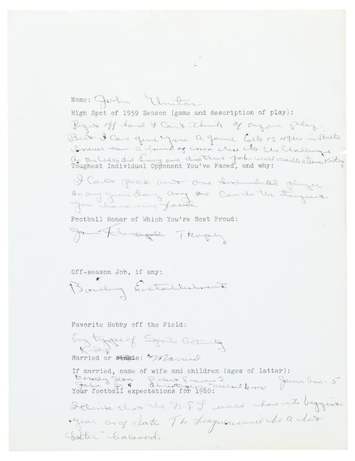 Incredible Johnny Unitas 1959 Signed Handwritten Questionnaire PSA DNA COA