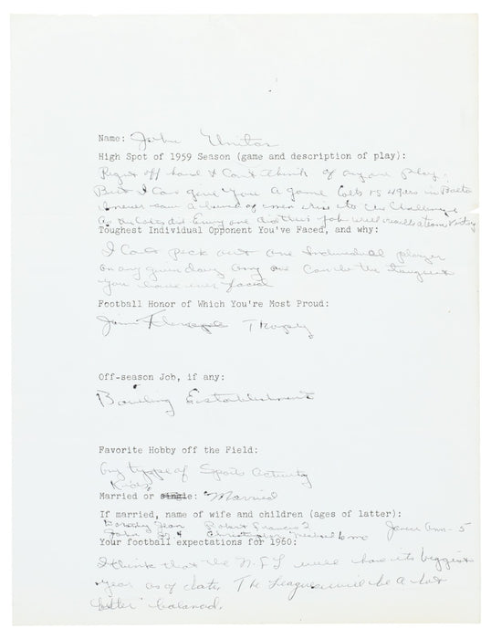 Incredible Johnny Unitas 1959 Signed Handwritten Questionnaire PSA DNA COA