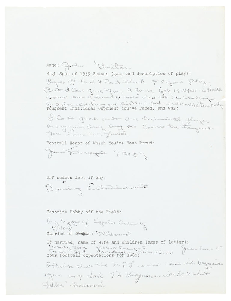 Incredible Johnny Unitas 1959 Signed Handwritten Questionnaire PSA DNA COA