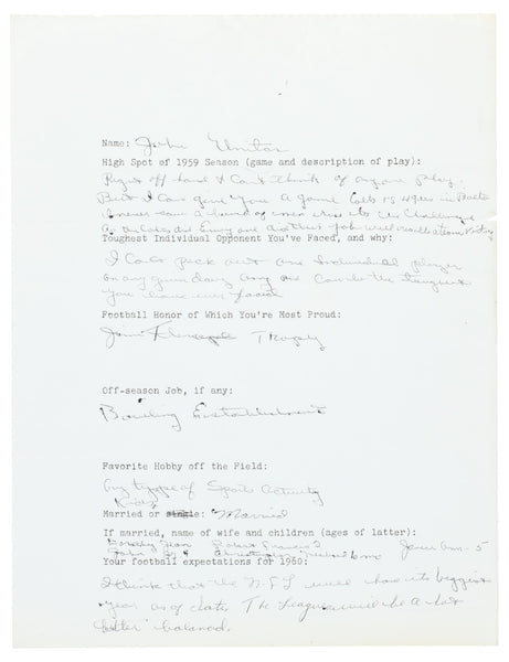 Incredible Johnny Unitas 1959 Signed Handwritten Questionnaire PSA DNA COA