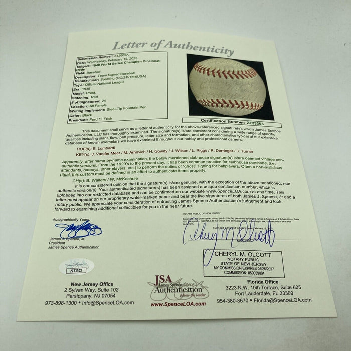 1940 Cincinnati Reds World Series Champs Team Signed Baseball JSA COA