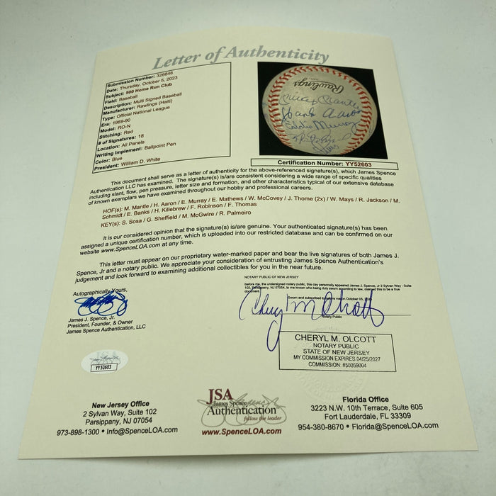 500 Home Run Signed Baseball With 18 Sigs! Mickey Mantle Ted Williams JSA COA
