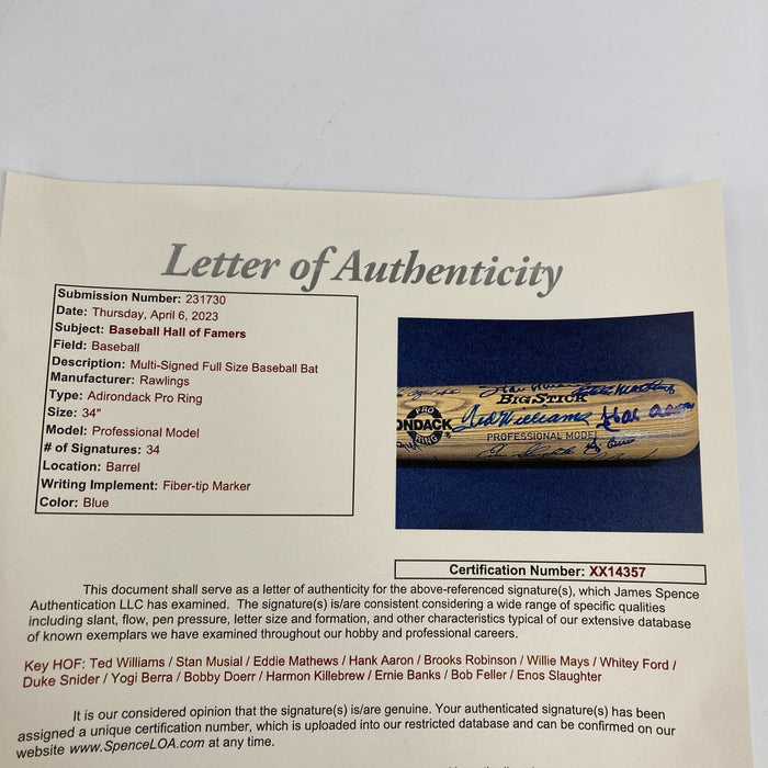 Beautiful Hall Of Fame Multi Signed Bat 34 Sigs Ted Williams Hank Aaron JSA COA