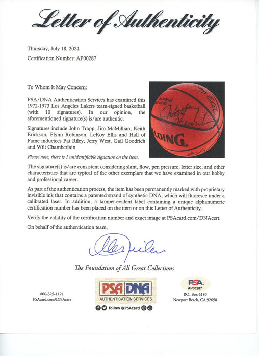 Wilt Chamberlain 1972-73 Los Angeles Lakers Team Signed Basketball PSA DNA COA
