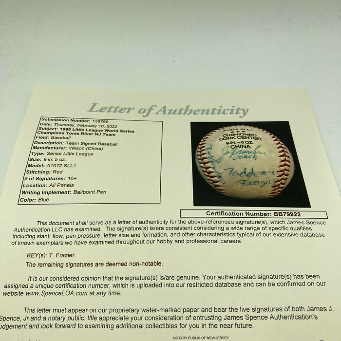 1998 Toms River Little League World Series Champions Team Signed Baseball JSA
