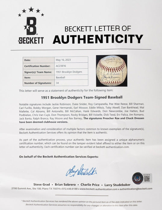 Jackie Robinson Sweet Spot 1951 Brooklyn Dodgers Team Signed Baseball Beckett