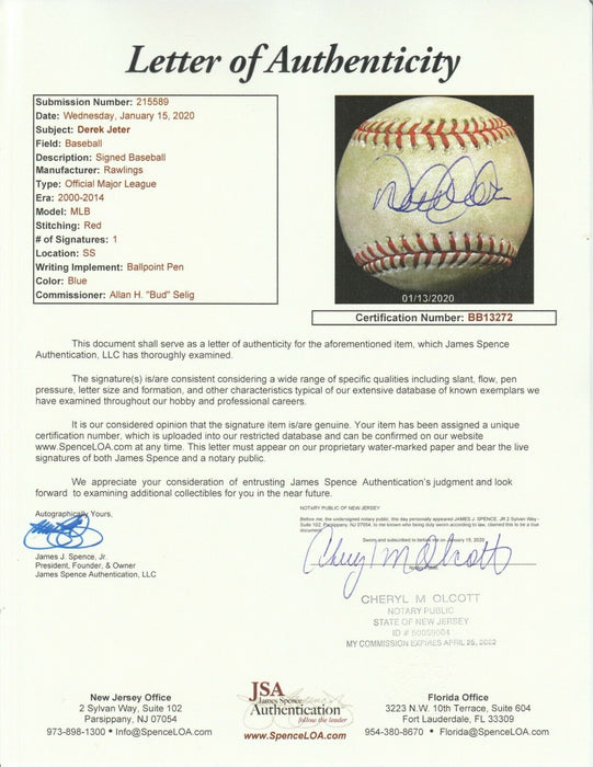 Derek Jeter 3,000th Hit 7-9-2011 Game Used Signed Baseball JSA COA & MLB Auth