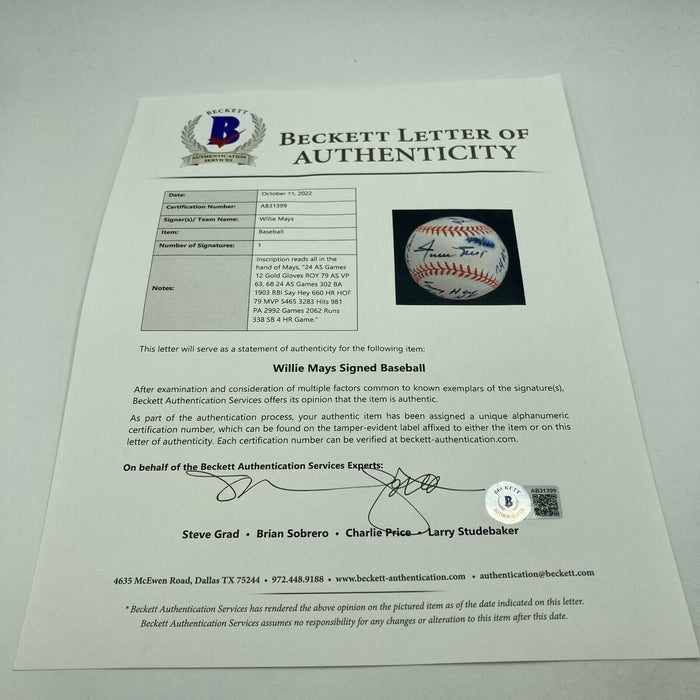 The Finest Willie Mays Signed Heavily Inscribed Career STAT Baseball Beckett COA